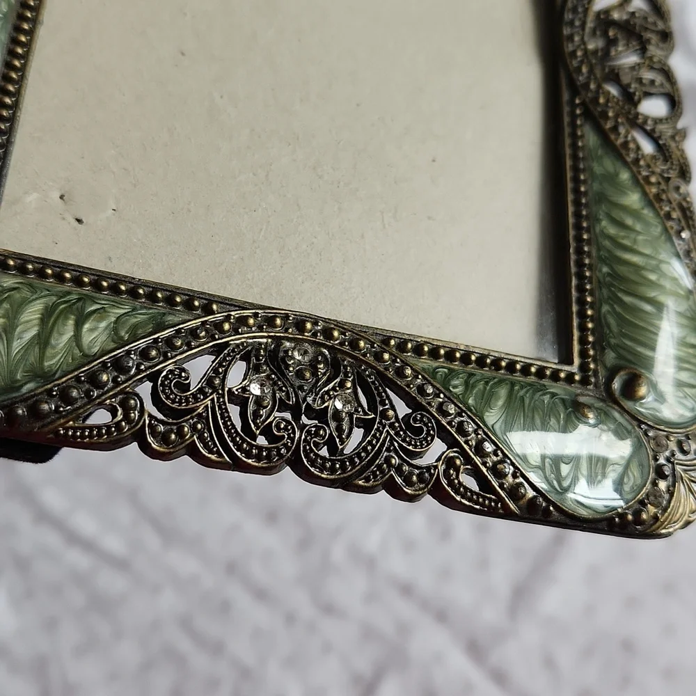 Vintage Green Enamel and Rhinestone Filigree Elegant  Ornate Photo Frame